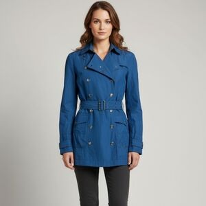 Burberry Brit Blue Women’s Sz 12 Double Breasted Short Trench Coat Lightweight